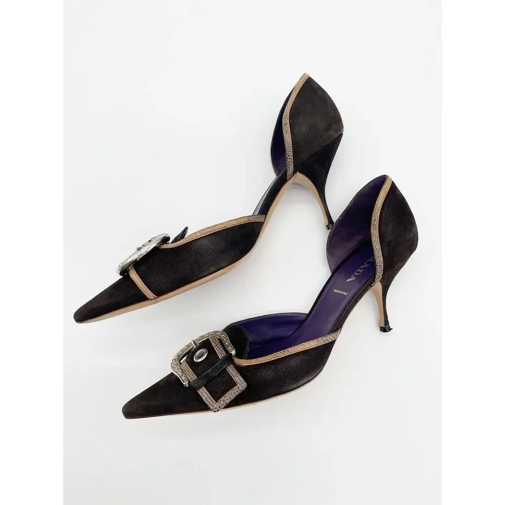 Prada Vintage Dark Brown Camel Nubuck Leather Buckle D'Orsay Pumps Heels IT 39.5